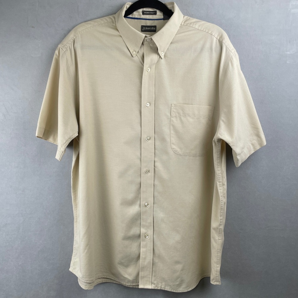 St Johns Bay Mens Tan‎ Khaki Cotton Worry Free Short Sleeve Button Down Shirt L